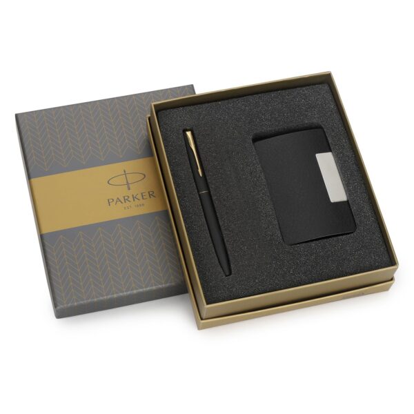Parker Frontier Matte Black Gold Trim Fountain Pen & Card Holder Gift Set